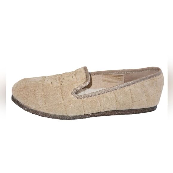 Tory Burch Suede Leather Shearling Lined Quilted Slip-on Flats Khaki Size 7 - Picture 2 of 10